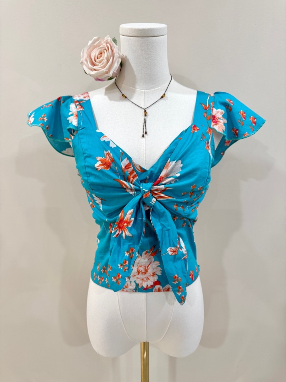Summer Floral Tie Front Top Boho Flutter Sleeve Aqua Orange Size M Milkmaid Crop